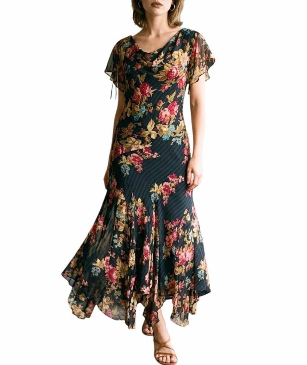 90s Paradise Black multi floral flutter asymmetrical cowl neck bias dress XL